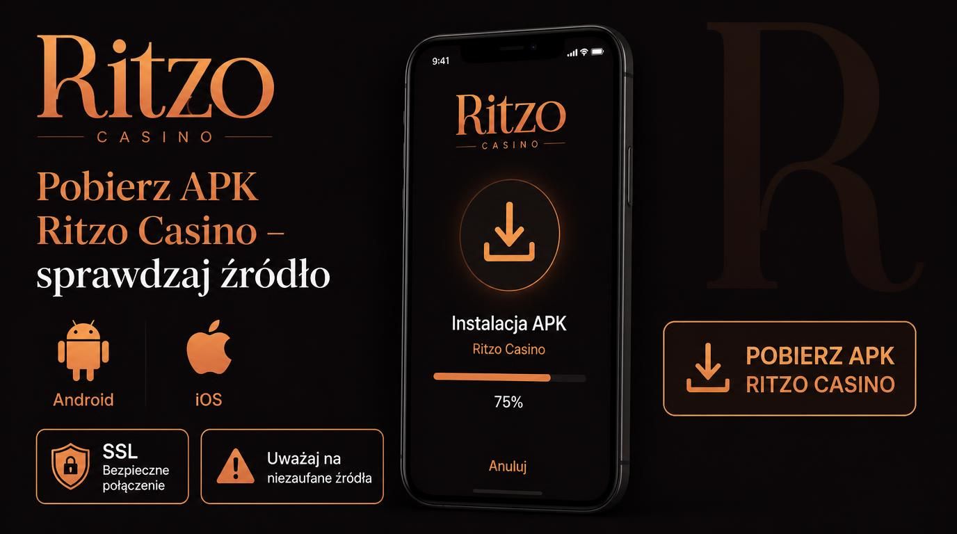 Telefon z ekranem instalacji APK Ritzo Casino, ikony systemów i certyfikat bezpieczeństwa